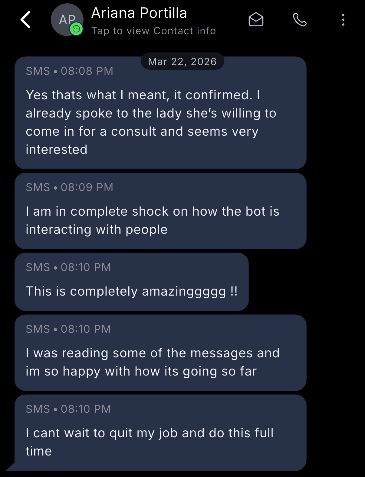 Screenshot of Ariana Portilla reacting to interested consults and bot conversations
