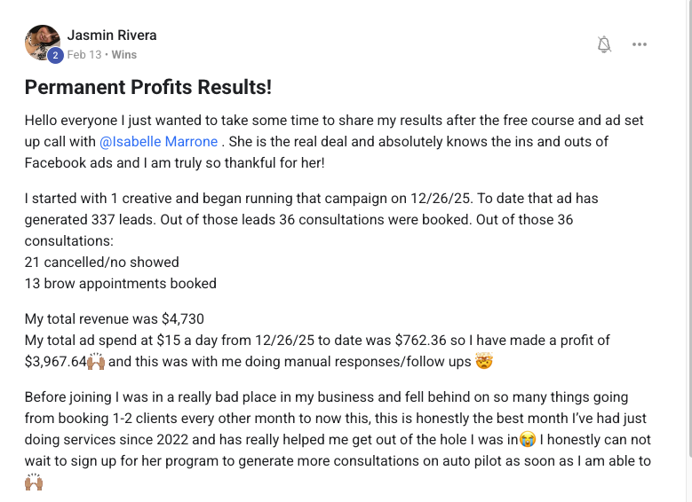 Screenshot of Jasmin Rivera sharing ad campaign results from Permanent Profits